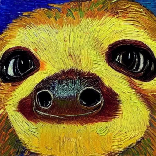 Image similar to a beautiful oil painting of a sloth's face in the style of van Gogh