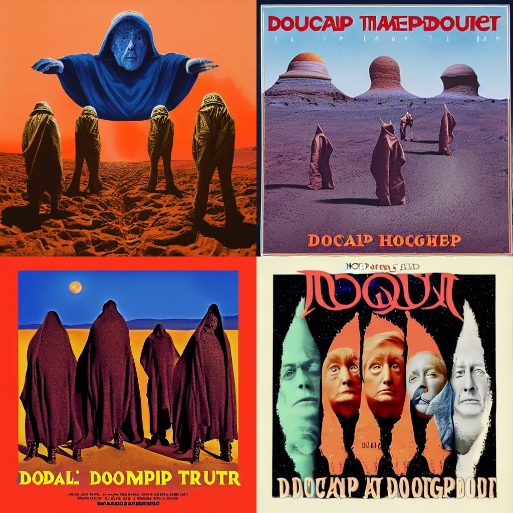 Prompt: 4 cloaked donald trumps on the album cover art of dopesmoker by sleep, mars