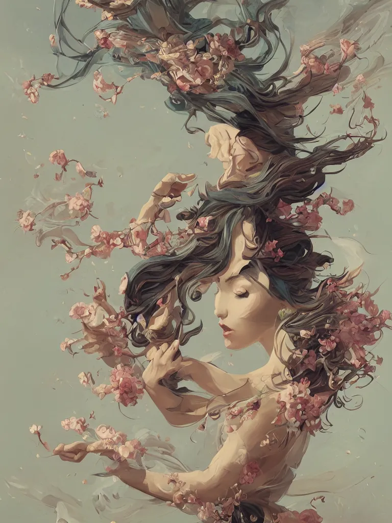 Image similar to a portrait of a flying body covered in flowers in a dynamic pose, in the style of peter mohrbacher, highly detailed, soft lighting, art nouveau patterns, trending on artstation