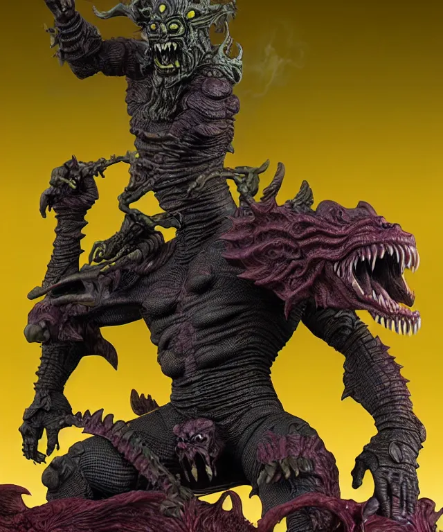 Image similar to a hyperrealistic rendering of an epic boss fight against an ornate supreme dark overlord by art of skinner and richard corben, product photography, collectible action figure, sofubi