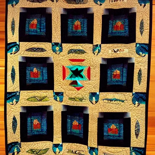 Image similar to Quilt design inspired by Haida Gwaii art , symmetrical , detailed, product photo,