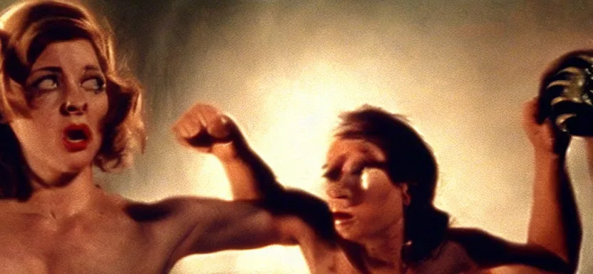 Prompt: a beautiful woman punching a monster in a film still from a roger corman film, hyperrealistic
