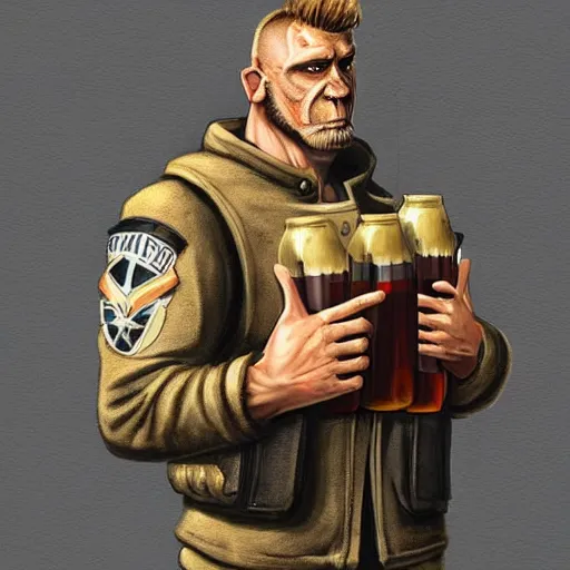 Image similar to a humanoid german shepherd beast - man in military style, holding a bottle of beer, artstation, concept art, smooth, sharp foccus ilustration, artstation