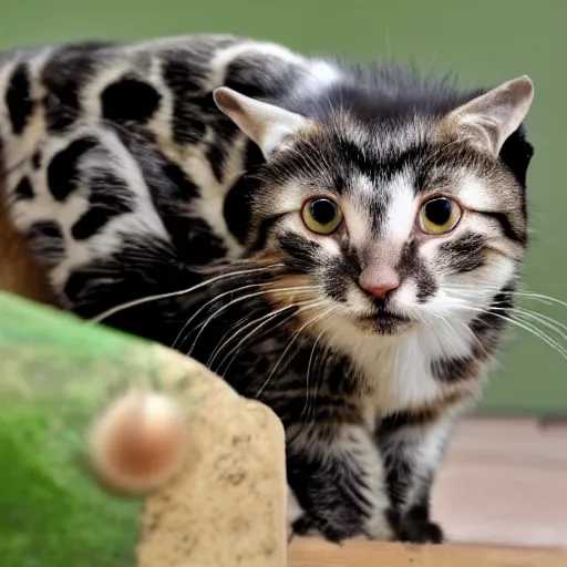 Prompt: a small domestic housecat with a spotted mushroom growing atop its head