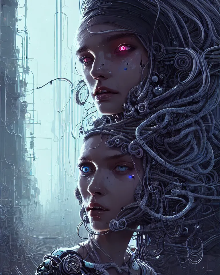 Prompt: highly detailed portrait of a biopunk long curly white hair tribal lady, stray wiring by atey ghailan, james gilleard, by joe fenton, by greg rutkowski, greg tocchini, kaethe butcher, 4 k, gradient neon, black and white color scheme ( neon caustic robotic dystopian city background )
