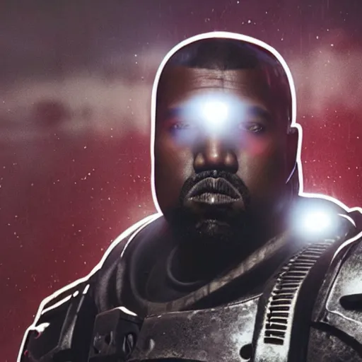 Image similar to Kanye West as the emperor of humanity from warhammer 40k in Gears of War, splash art, movie still, cinematic lighting, detailed face, dramatic, octane render, long lens, shallow depth of field, bokeh, anamorphic lens flare, 8k, hyper detailed, 35mm film grain