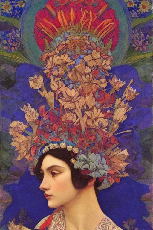 Image similar to queen of flowers in the snow, by Nicholas Roerich and Annie Swynnerton and Diego Rivera and John William Godward, dramatic cinematic lighting , ornate headdress , flowing robes, sacred artifacts, lost civilizations, smooth, sharp focus, extremely detailed