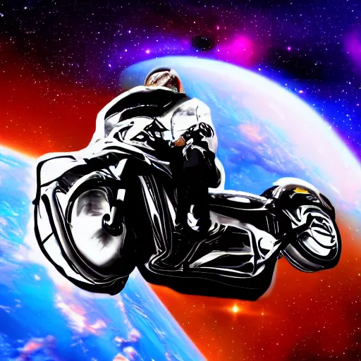 Image similar to elon musk riding motorcycle in space, digital art