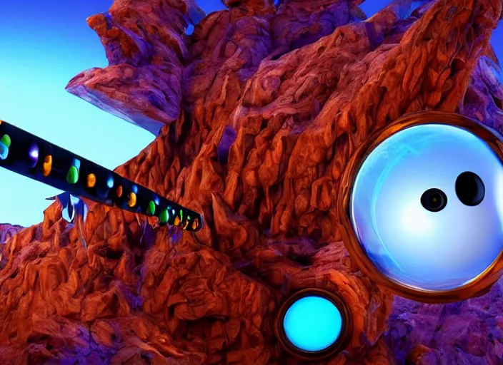 Image similar to close up photograph of a strange surrealist detailed alien electronic-musical-instrument!!, designed by pixar!!, in the background is a bryce 3d surrealist landscape biome, hyper detailed, photorealistic, 8k, hd