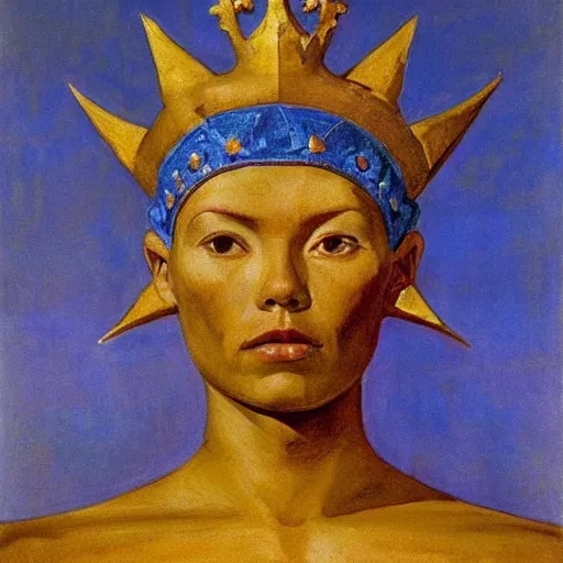 Image similar to the iron crown, by Annie Swynnerton and Nicholas Roerich and Diego Rivera, glowing skin, elaborate costume, geometric ornament, symbolist, rich color, dramatic cinematic lighting, smooth, sharp focus, extremely detailed