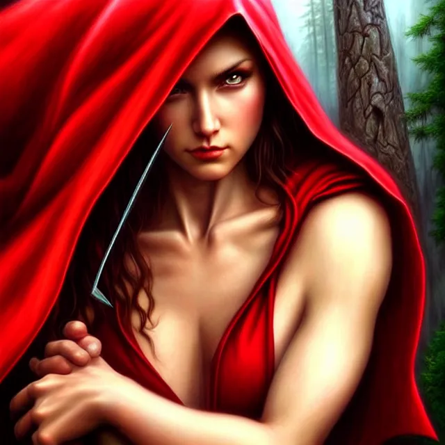 Prompt: beautiful!! red riding hood warrior artgerm anne stokes highly detailed 8 k hdr smooth sharp focus high resolution award - winning photo photorealistic