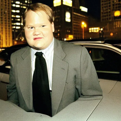 Prompt: 1 9 9 8 andy richter wearing a black wool coat and necktie in his car driving through the streets of chicago at night.