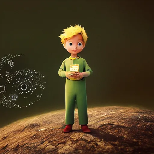 Image similar to the little prince with his rose illustration, bokeh, octane render, award winning