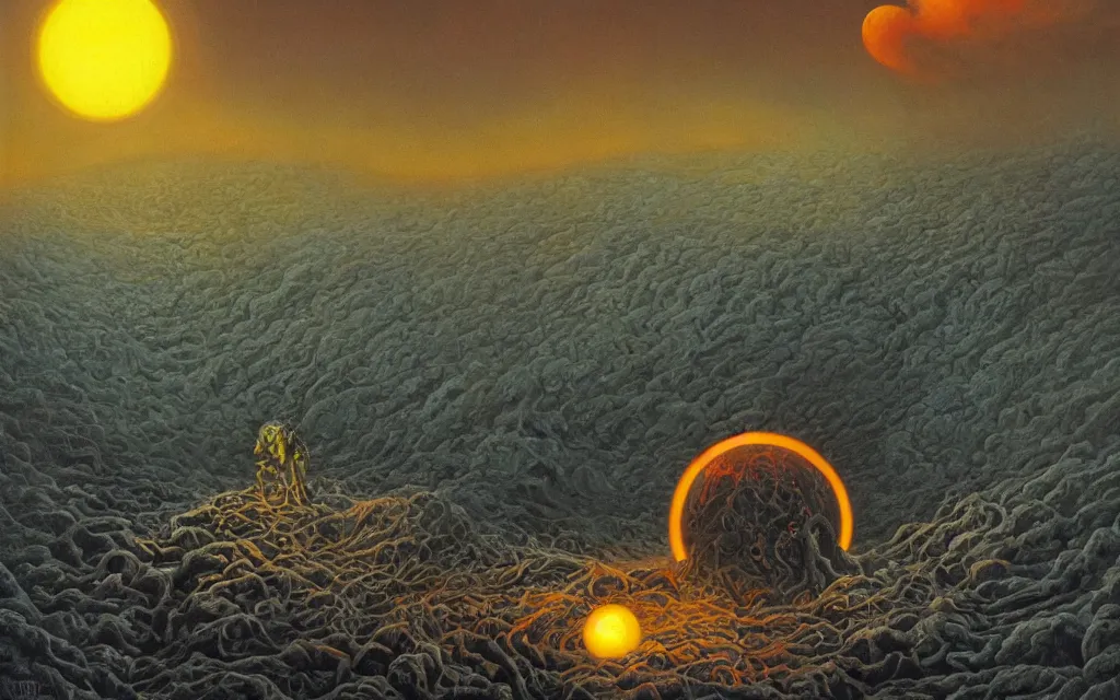 Prompt: black dead sun howling radioactive dread sun of the void above the tomb wastes, award winning oil painting by Michael Whelan, nuclear color palette