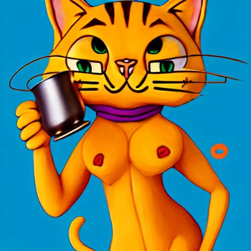 Prompt: fullbody!! personification of garfield the cat as a goddess holding a blood chalice and lasagna, detailed, stunning, cat face, hyperrealistic, trending on artstation, smooth and sharp, intricate, fine details, highly detailed, elegant, angular, altermodern, radiant light, detailed and intricate environment, professional character concept art by tatyana kupriyanova