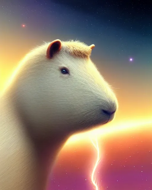Image similar to a white capybara cruising the milky way, beautiful, agile, myth, legend, trending on artstation, light effects, kilian eng, john harris, bastien lecouffe - deharme