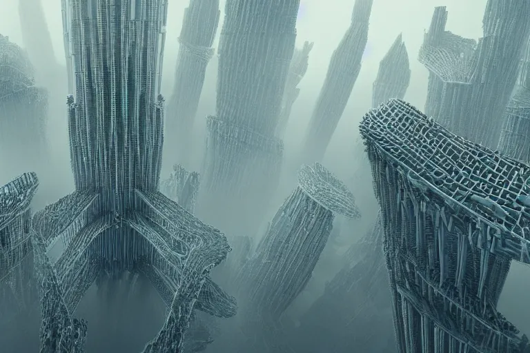 Prompt: a complex organic fractal 3 d ceramic megastructure city, cinematic shot, foggy, photo still from movie by denis villeneuve