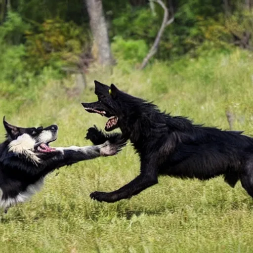 Prompt: a werewolf suplexing a border collie