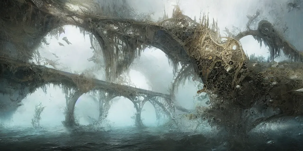Image similar to study material with side perspective, transparent water River flow, realistic water foam,agua droplets, underwater, bridge made of water ,physically based rendering, defined features by ellen jewett, tomasz alen kopera and Justin Gerard