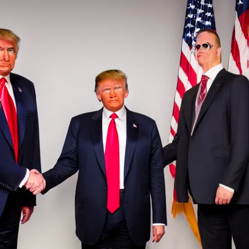 Image similar to professional photograph of Donald Trump and Peter Griffin shaking hands at a press conference, 8k, highly detailed, highly intricate,