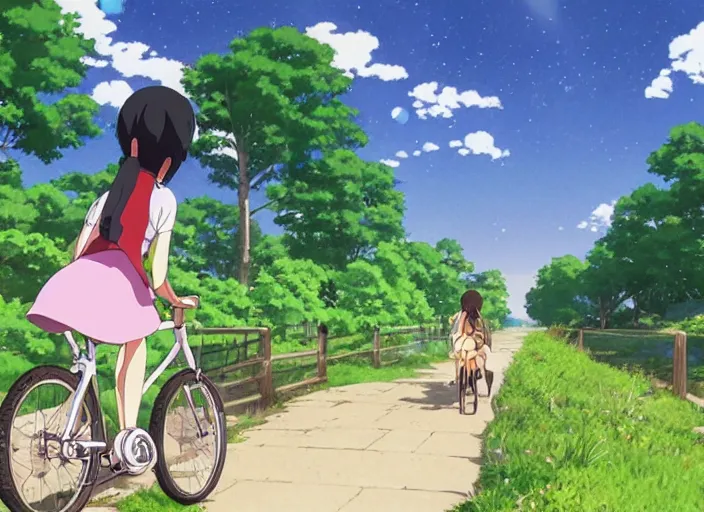 Image similar to a girl cycling along a path with her cat in a basket on the front of the bike, wide shot, peaceful and serene, incredible perspective, anime scenery by Makoto Shinkai and studio ghibli, very detailed