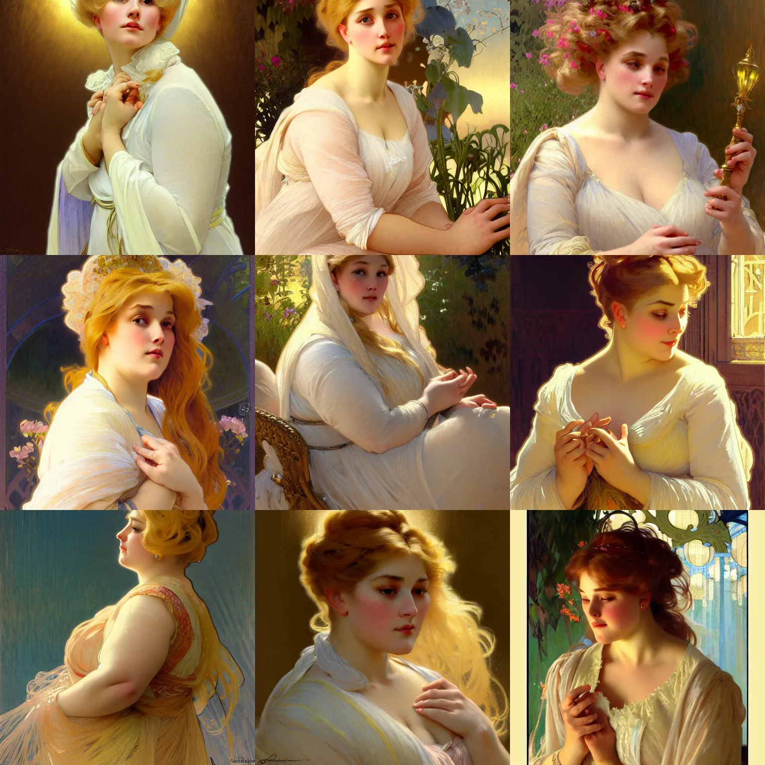 Prompt: painted portrait of a modest wife blessed by god with ever - increasing intelligence beauty and virtue. blonde, * full - figured holy body *, light effect. feminine, powerful, in clothes! intricate, elegant, highly detailed, digital painting, artstation, concept art, smooth, sharp focus, illustration, art by gaston bussiere and alphonse mucha