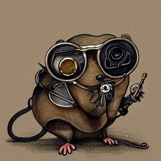 Image similar to a rat with steampunk googles, by James Jean