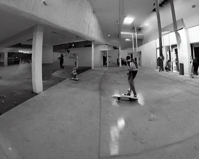 Image similar to camera footage of a Darpa Robot hunting skateboarders in an abandoned shopping mall, high exposure, dark, monochrome, camera, grainy, CCTV, security camera footage, timestamp, zoomed in, fish-eye lense, Robot, Skateboarding, Drone, Intense, Darpa,