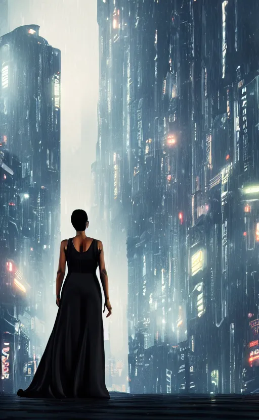 Image similar to an elegant Black woman in dress and heels, her back is to us, looking at a futuristic Blade Runner city, 8K