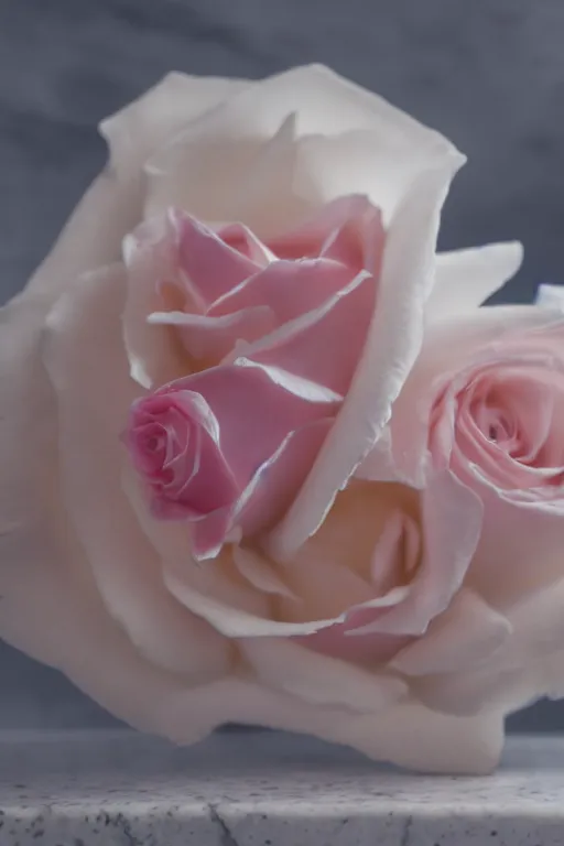 Image similar to Portrait Photo of Pink and White Roses surrounded by white rose petals on white marble, sunlit, 80s Versace ad, depth of field, highly detailed, award.