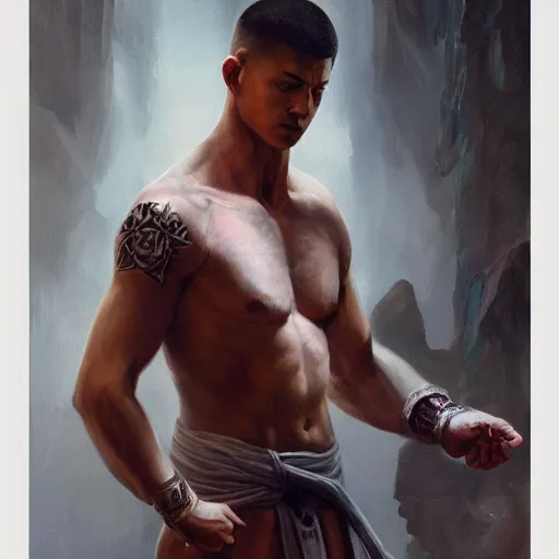 Prompt: A detailed matte oil on canvas painting of a young white male martial artist monk, orchid arm tattoos by greg rutkowski and artgerm, trending on artstationhd, dungeons and dragons art