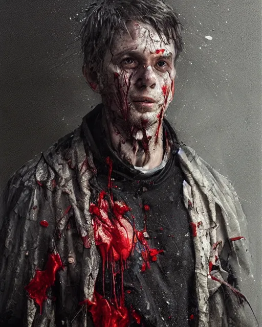 Image similar to A hyper realistic oil portrait of a man in his 40s dressed like a priest, torn clothes, covered in wounds, blood on clothes, by Greg Rutkowski, creepy atmosphere, gloomy lighting, trending on artstation