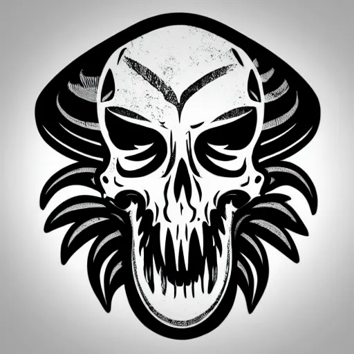 Prompt: tyrannosaurus skull emblem logo, black and white vector, stylized