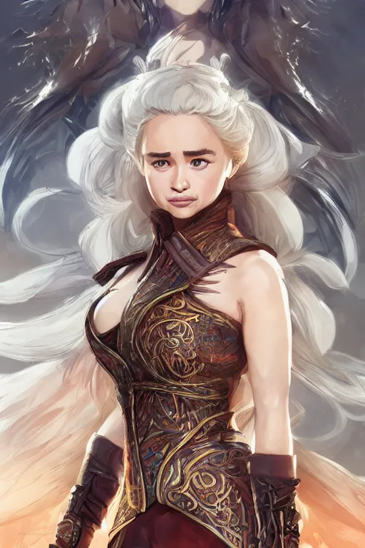 Image similar to Emilia Clarke wearing Yang Xiao Long outfit from Rwby, cute, fantasy, intricate, elegant, highly detailed, digital painting, 4k, HDR, concept art, smooth, sharp focus, illustration, art by artgerm and H R Giger