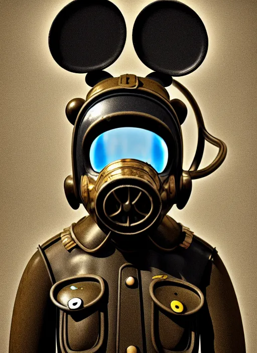 Image similar to 1 9 4 5 wartime mickey mouse head, gas mask, automotive, flower pop, porcelain, fractal, leathery, wet, broken, melting, rococo, mycelium, baroque, sumerian, radiant alien, magic kingdom, octane render, high detail