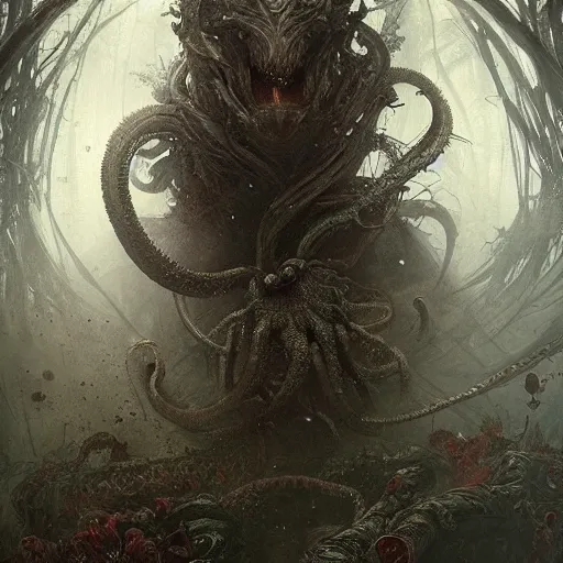 Image similar to epic hyperdetailed portrait of a haunting 🐙🕷 lurking in the shadows. by greg rutkowski, highly detailed portrait, rococo, digital painting, artstation, concept art, smooth, sharp foccus ilustration, artstation hq. intricate, elegant. art by wlop and artgerm and greg rutkowski and alphonse mucha, masterpiece. misty rainforest