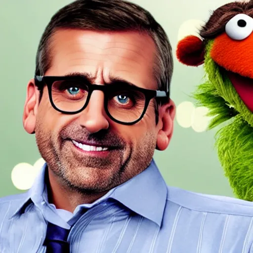 Prompt: A still of Steve Carell as a Muppet, photorealistic