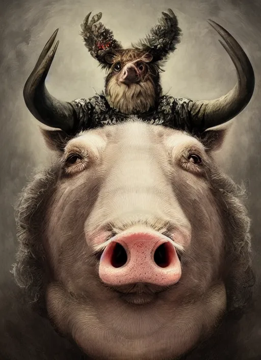 Image similar to a hyper detailed painting of an anthropomorphic joaquin phoenix as the king of animals, cow horns, pig nose, sheep wool, chicken feathers, horror, by anna podedworna, by miklos ligeti, by diego maricato, by taran fiddler, by antonino truisi, by chris reddie, on artstation