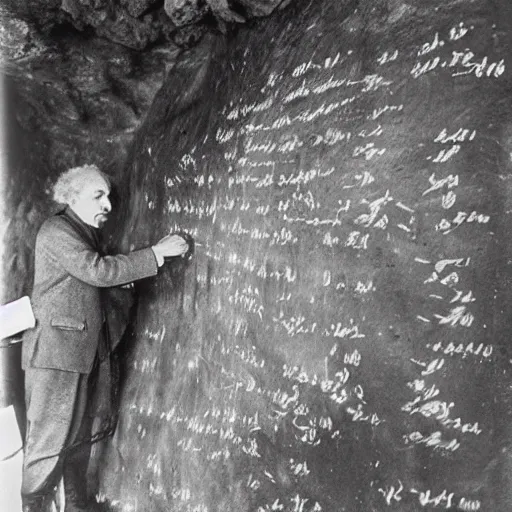 Prompt: Albert Einstein as a Neanderthal writing equations on a cave wall