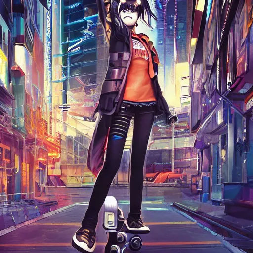 Image similar to symmetrical, full body portrait of a cyberpunk teenage girl on a futuristic skateboard holding a parcel under one arm and a magnetic harpoon in her opposite hand, grinning slyly, City lighting, depth of field, photography, saturated colors, highly detailed, by Dustin Nguyen, Akihiko Yoshida, Greg Tocchini, Greg Rutkowski, Cliff Chiang, 4k resolution