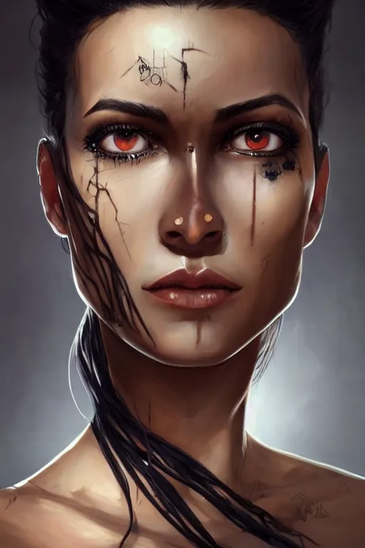 Image similar to woman with sleak outsider rebel style cloth, tatoo spiky black hair and dark skin, profile , backlight, dramtic lighting, amber eyes, long thin scar on her face. highly detailed, digital painting, artstation, concept art, sharp focus, beautiful face, expressive eyes, illustration, art by Artgerm and greg rutkowski and alphonse mucha