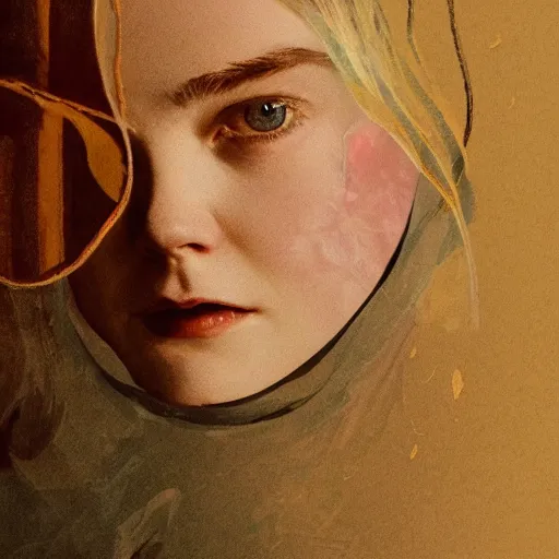 Image similar to Elle Fanning, head and shoulders masterpiece, apocalypse, golden hour, cosmic horror, artstation, in the style of Andrew Wyeth, extremely detailed