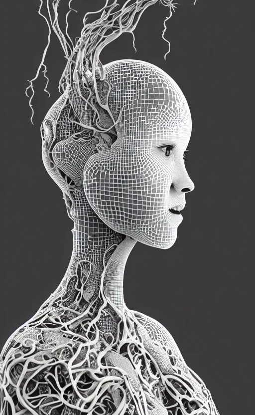 Image similar to black and white complex 3d render of 1 beautiful profile woman porcelain face, vegetal dragon cyborg, 150 mm, sinuous silver metallic ghost orchid flower stems, roots, leaves, fine lace, maze-like, mandelbot fractal, anatomical, facial muscles, cable wires, microchip, elegant, highly detailed, black metalic armour with silver details, rim light, octane render, H.R. Giger style, David Uzochukwu