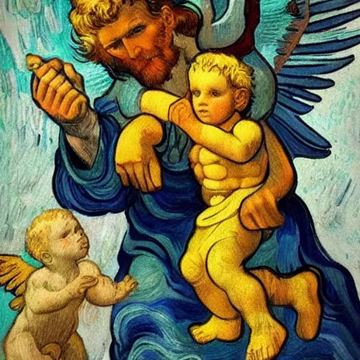 Image similar to guardian angel protecting child by michelangelo and Van Gogh, very detailed, deviantart, artstation