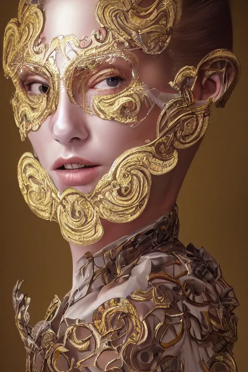 Prompt: a portrait of a hyper detailed full faced mask detailed stitching, elaborate, extravagant beautifully lit, cinematography, 8 k post production, atmospheric background, ambient occlusion, global illumination by balenciaga, margiela, wlop, gustav klimt, alex nice, art station trending, concept art