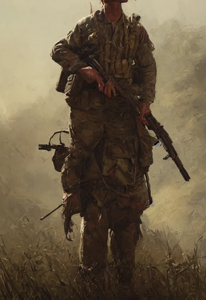 Image similar to character portrait of a vietnam war american soldier in a thematic landscape, backwards, in the style of greg rutkowski, darek zabrocki, marcin rubinkowski, lorenzo lanfranconi, oleg zherebin, karlkka, trending on artstation