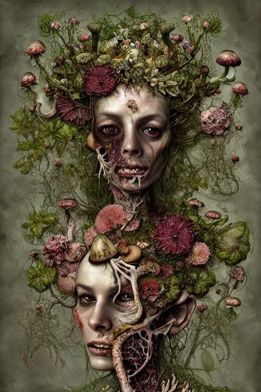 Image similar to beautiful and detailed rotten woman corpse with fractal plants and fractal flowers and mushrooms growing around, face muscles, veins, arteries, intricate, ornate, surreal, ray caesar, john constable, guy denning, dan hillier