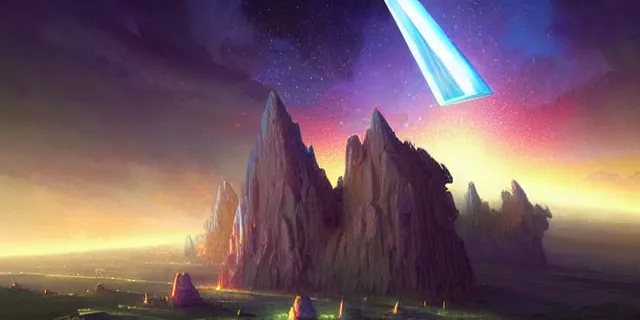 Image similar to a fleet of giant glowing futuristic crystal cubes in the sky, a fantasy magical landscape seen in the distance, atmospheric lighting, intricate, volumetric lighting, beautiful, sharp focus, ultra detailed, in the art style of marc simonetti, bowater charlie and brom gerald, astrophotography