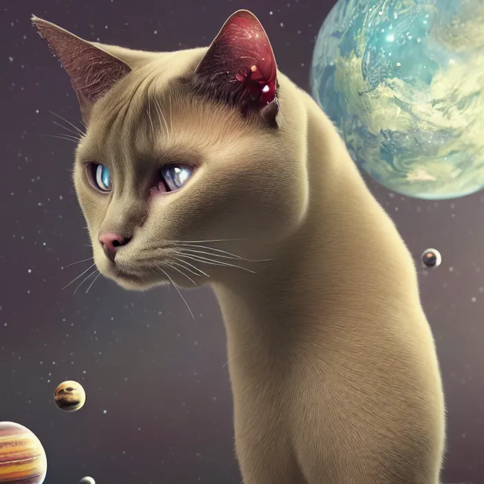 Prompt: very detailed portrait of a majestic siamese cat, dressed in a spacesuit, sci - fi, futuristic, details, intricate, octane render, redshift, smooth, illustration, fairy lighting, stars and planets in the background, hyperrealistic, by dmitry prozorov, loish, and wlop, trending on artstation, hyperdetailed, hyperrealism