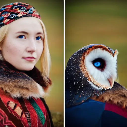 Prompt: portrait photograph shot on petzval lens of an extremely beautiful!!!! young blonde female with symmetric face posing. with a very detailed barn owl!!!!! on her shoulder. wearing mongolian traditional outfit in iceland. shallow depth of field. featured on flickr, art photography,